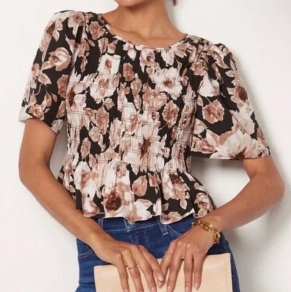 Rails Puff Short Sleeve Floral Rosie Smocked Top in Sepia Roses Black Small